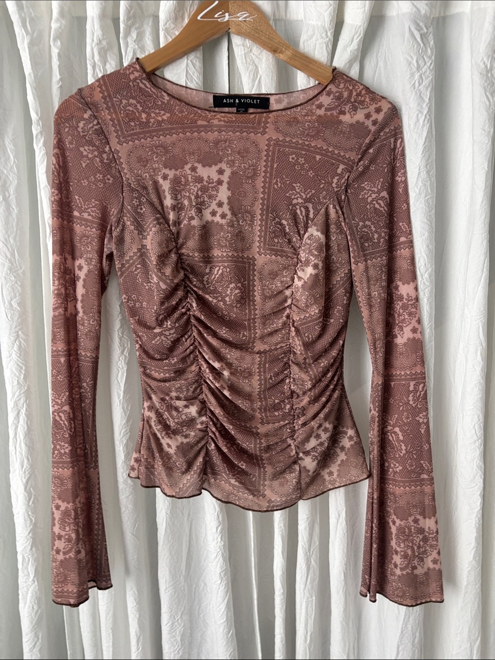ASH & VIOLET Rose-Mauve Ruched Long-Sleeve Tee